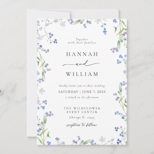 Elegant Blue Floral Wedding Invitation Kaart (Voorkant)