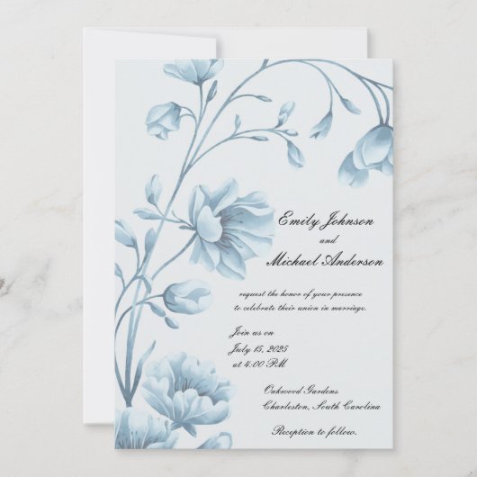 Elegant Blue Floral Wedding Invitation Kaart (Voorkant)
