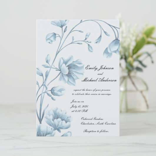 Elegant Blue Floral Wedding Invitation Kaart (Staand voorkant)