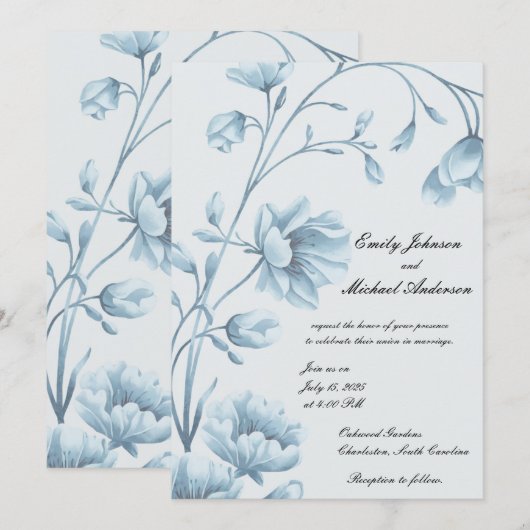 Elegant Blue Floral Wedding Invitation Kaart (Voorkant / Achterkant)