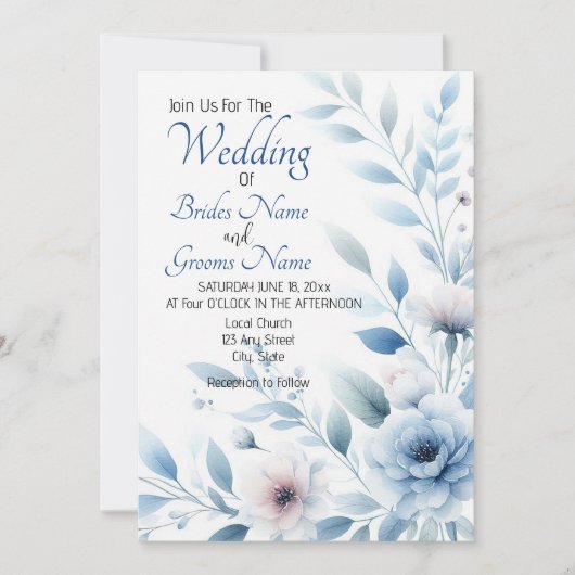 Elegant Blue Floral Wedding Invitation Kaart (Voorkant)