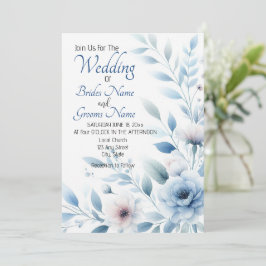 Elegant Blue Floral Wedding Invitation Kaart