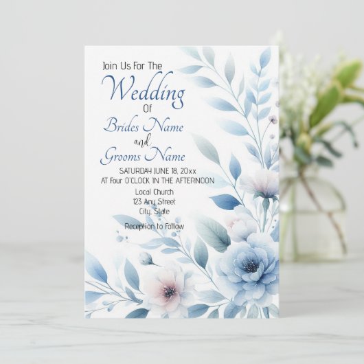 Elegant Blue Floral Wedding Invitation Kaart (Staand voorkant)