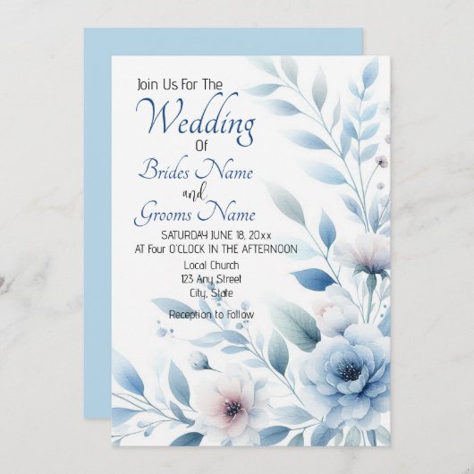 Elegant Blue Floral Wedding Invitation Kaart (Voorkant / Achterkant)