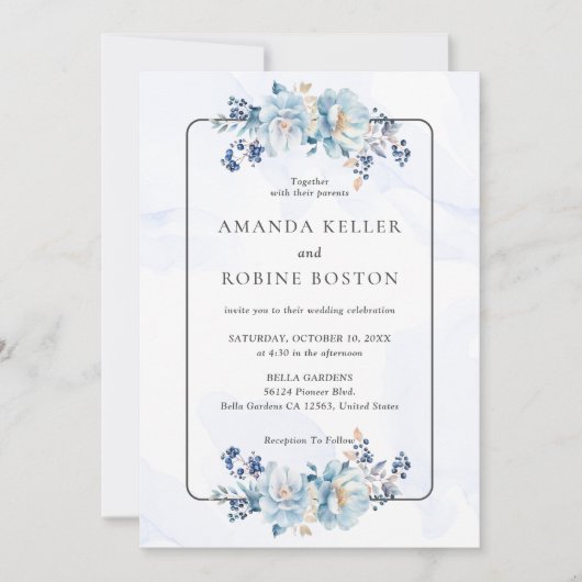 Elegant Blue Floral Wedding Invitation Kaart (Voorkant)