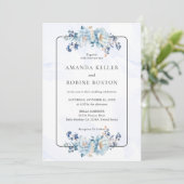 Elegant Blue Floral Wedding Invitation Kaart (Staand voorkant)