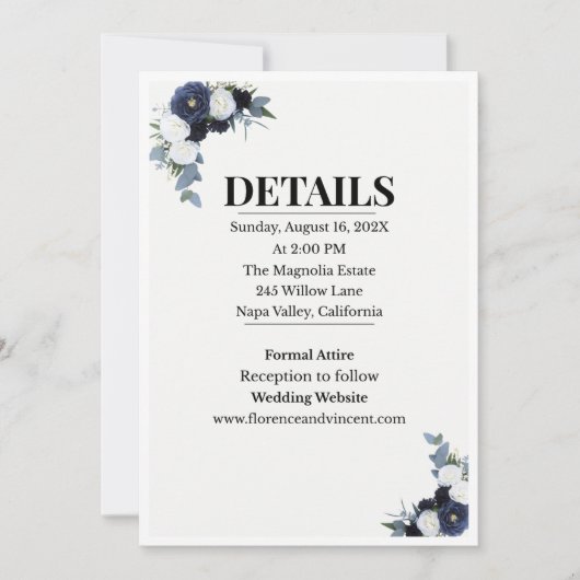 Elegant Blue Floral Wedding Invitation Kaart (Voorkant)