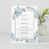 Elegant Blue Floral Wedding Invitation Kaart (Staand voorkant)