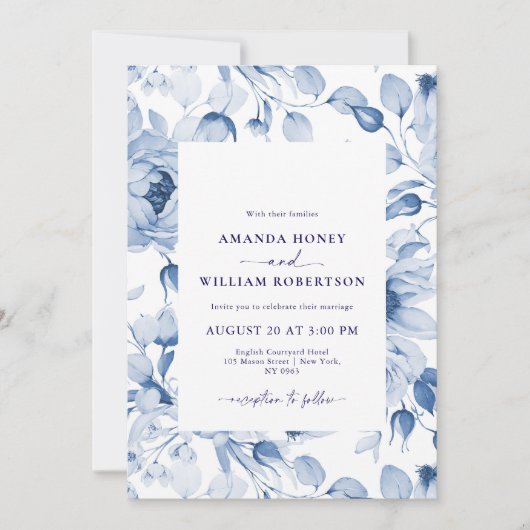 Elegant Blue Floral Wedding Invitation Kaart (Voorkant)