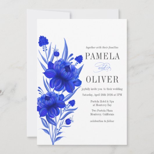 Elegant Blue Floral Wedding Invitation Kaart (Voorkant)