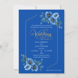 Elegant Blue Floral Wedding Invitation Kaart