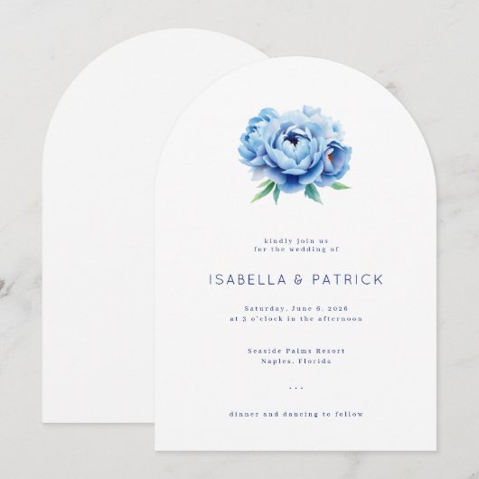 Elegant Blue Floral Wedding Invitation Kaart (Voorkant / Achterkant)