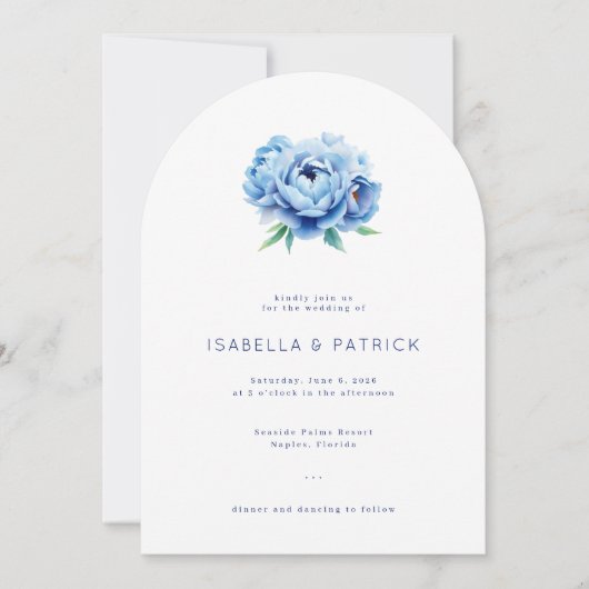 Elegant Blue Floral Wedding Invitation Kaart (Voorkant)