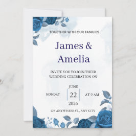Elegant Blue Floral Wedding Invitation Kaart