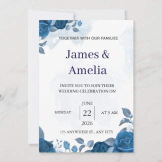 Elegant Blue Floral Wedding Invitation Kaart