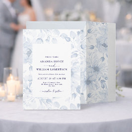 Elegant Blue Floral Wedding Invitation Kaart