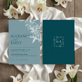 Elegant Blue Floral Wedding Invitation Kaart