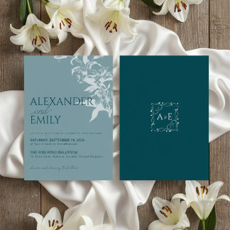 Elegant Blue Floral Wedding Invitation Kaart