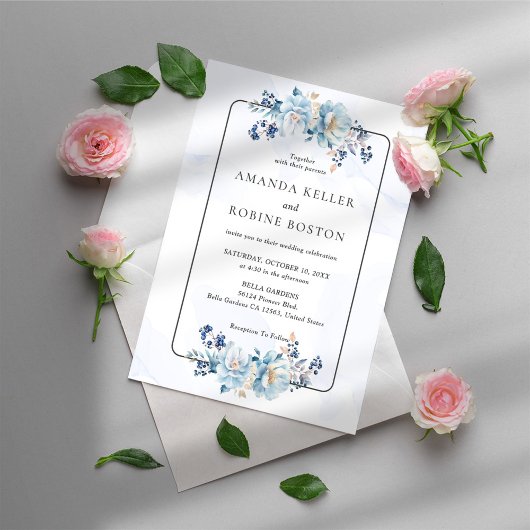 Elegant Blue Floral Wedding Invitation Kaart