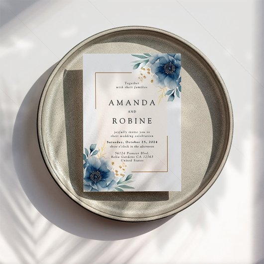 Elegant Blue Floral Wedding Invitation Kaart