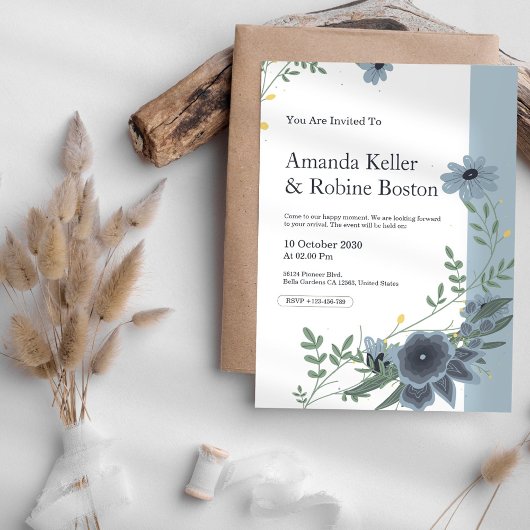 Elegant Blue Floral Wedding Invitation Kaart