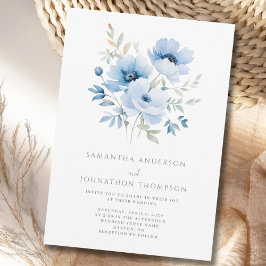 Elegant Blue Floral Wedding Invitation Kaart