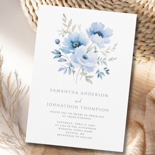 Elegant Blue Floral Wedding Invitation Kaart