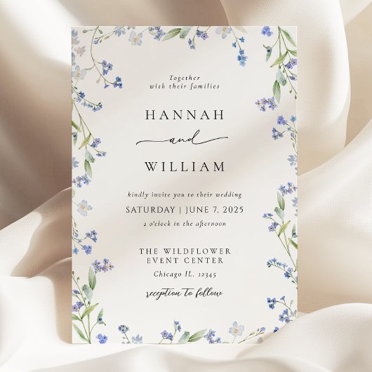 Elegant Blue Floral Wedding Invitation Kaart