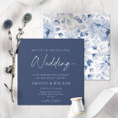 Elegant Blue Floral Wedding Invitation Kaart