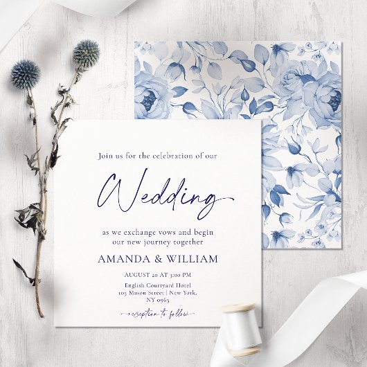 Elegant Blue Floral Wedding Invitation Kaart