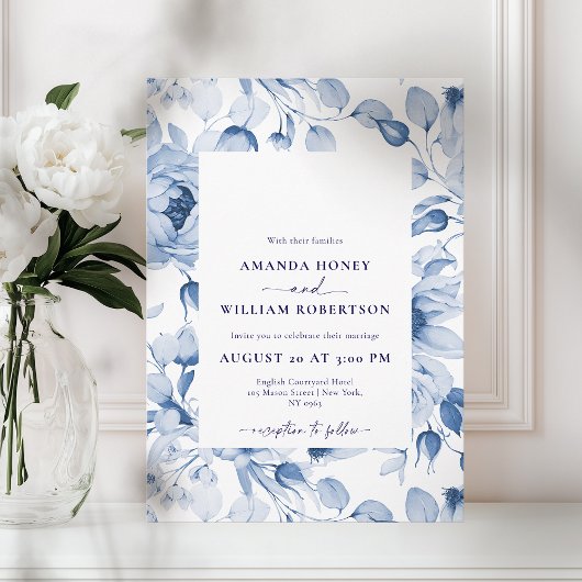 Elegant Blue Floral Wedding Invitation Kaart