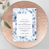 Elegant Blue Floral Wedding Invitation Kaart