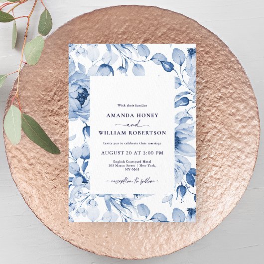 Elegant Blue Floral Wedding Invitation Kaart