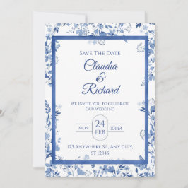 Elegant Blue Floral Wedding Invitation  Kaart