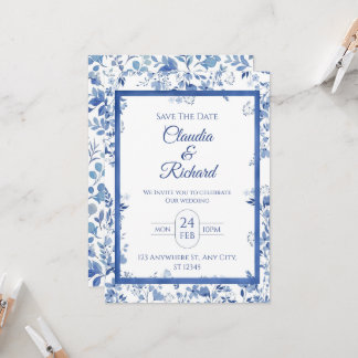 Elegant Blue Floral Wedding Invitation  Kaart