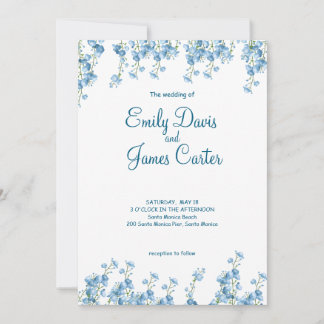 Elegant Blue Floral Wedding Invitation Kaart
