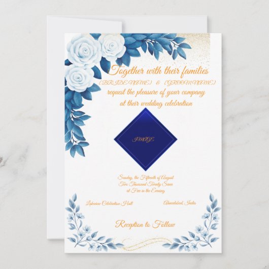 Elegant Blue Floral Wedding Invitation on White Kaart (Voorkant)