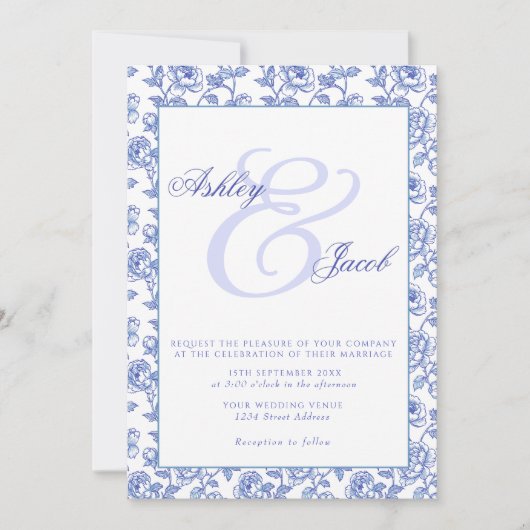 Elegant Blue Floral Wedding Invitation Save The Date (Voorkant)