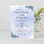 Elegant Blue Floral Wedding Jubileum Uitnodiging (Staand voorkant)