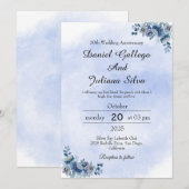 Elegant Blue Floral Wedding Jubileum Uitnodiging (Voorkant / Achterkant)