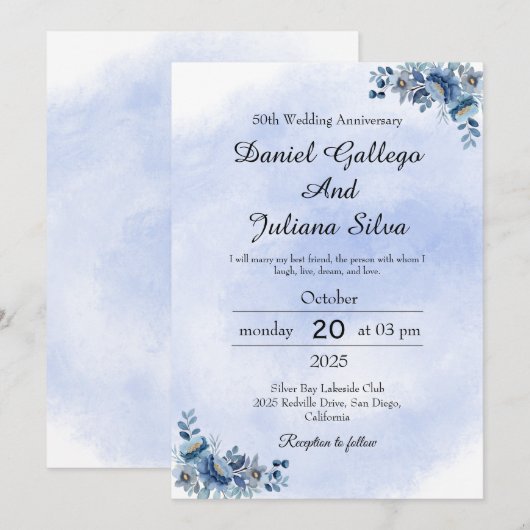 Elegant Blue Floral Wedding Jubileum Uitnodiging (Voorkant / Achterkant)