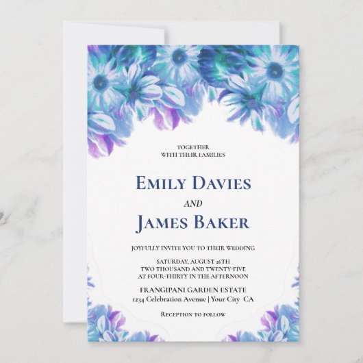 Elegant Blue Floral Wedding Kaart (Voorkant)