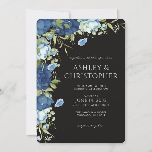 Elegant Blue Floral Wedding Kaart (Voorkant)