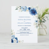 Elegant Blue Floral Wedding Kaart (Staand voorkant)