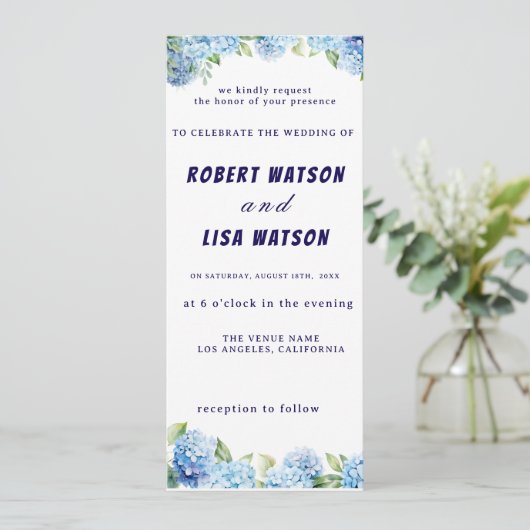 Elegant Blue Floral Wedding  Kaart (Staand voorkant)