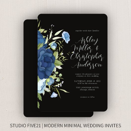 Elegant Blue Floral Wedding Kaart