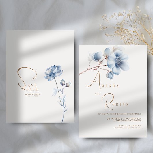 Elegant Blue Floral Wedding Kaart