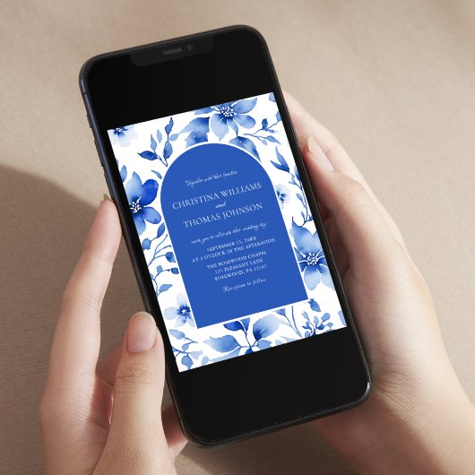 Elegant Blue Floral Wedding Kaart