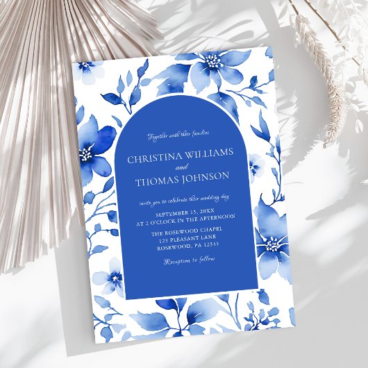 Elegant Blue Floral Wedding Kaart