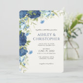 Elegant Blue Floral Wedding Kaart (Staand voorkant)